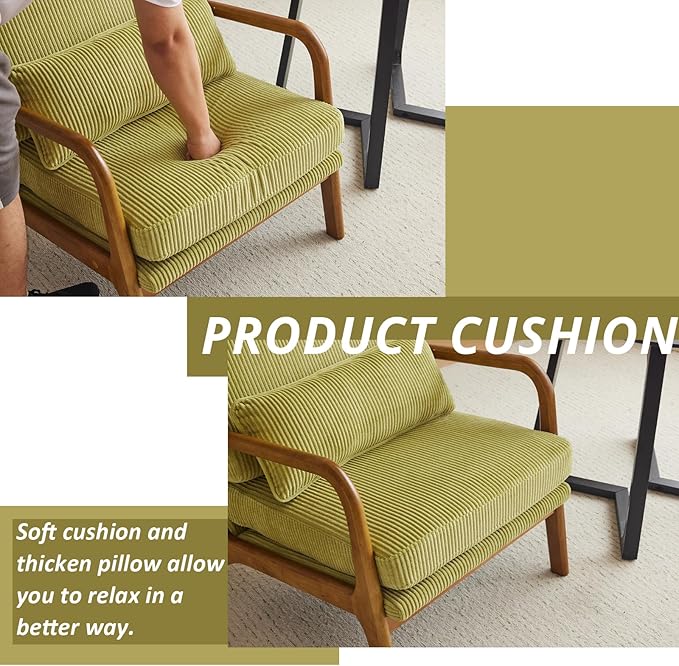 Karl home Mid-Century Modern Accent Chair, Living Room Chairs with Pillow Corduroy Upholstered Lounge Armchair with Solid Wood Frame & Soft Cushion for Bedroom, Reading Room, Green