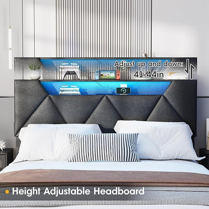 Vabches Queen Bed Frame with Storage Headboard and 4 Drawers,Upholstered Platform with Charging Station and Led Lights,Adjustable Headboard with Pu Leather,No Box Spring Needed,Black