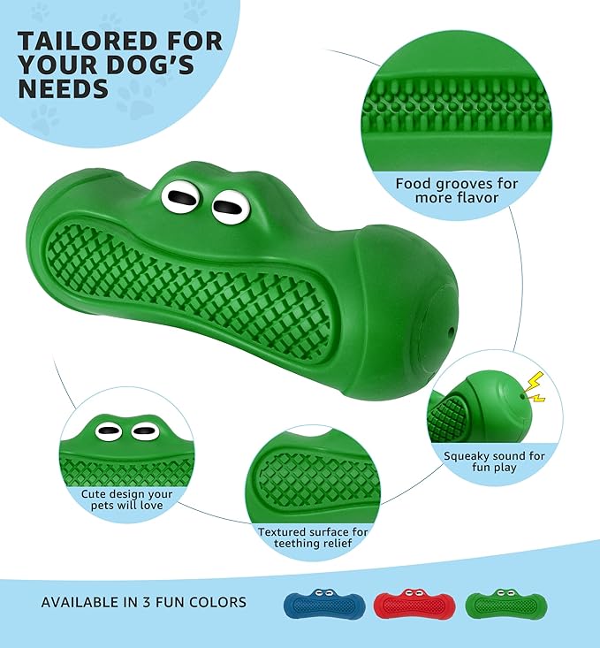Durable Dog Chew Toy for Aggressive Chewers, Tough Natural Rubber Squeaky Dog Toy with Irresistible Beef Flavor, Dental Care, Teeth Cleaning & Boredom Relief for Medium & Large Dogs (Green)