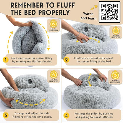 PetJett Calming Dog Bed Medium Size Dog - 30'' Donut Bed, Washable Dog Bed - Anti-Slip Super Soft Fluffy Plush Round Bed, Anti-Anxiety Premium Comfort Pet Bed, Fits Dogs up to 45 lbs - Bright Grey