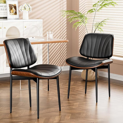 YaFiti Dining Chairs Set of 8, Dining Room and Kitchen Chairs, FSC Certified Mid Century Modern Accent Chair, Upholstered PU Leather Chairs for Vanity with Walnut Bentwood and Metal Legs, Black