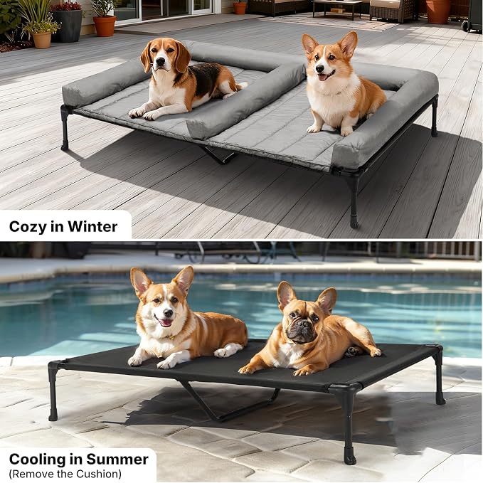 Veehoo Elevated Dog Bed for 2 Dogs, Cooling Raised Dog Bed with Bolster Mat | Outdoor Double Dog Bed with Removable Waterproof Cushion, Breathable Mesh, Non-Slip Feet for Outdoor & Indoor, 49", Grey