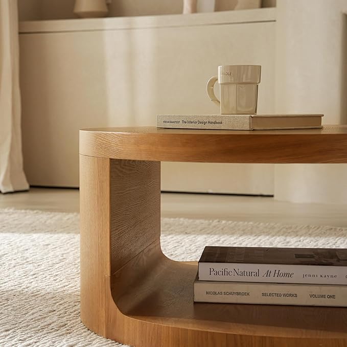 Round Coffee Table with Storage, 31.5" Modern Living Room Table, 2 Tier Circle Wood Center Tables for Apartment, Living Room, Open-Style Storage Cocktail Tables, 31.5"*15.7" (Nature Wood)