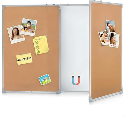 48"x18" Tri-fold Cork Board Whiteboard Combo, Foldable Combination Magnetic Dry