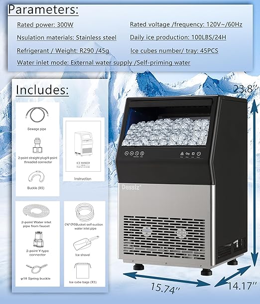 Commercial Ice Maker Machine, 100lbs/24H Stainless Steel 45pcs Under Counter