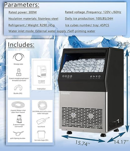 Commercial Ice Maker Machine, 100lbs/24H Stainless Steel 45pcs Under Counter