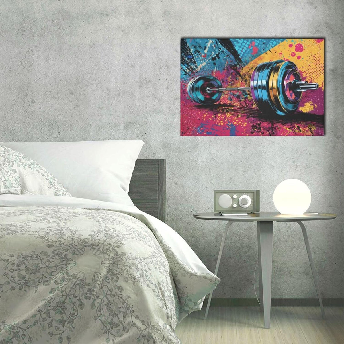 Gym Wall Art Weightlifting Fitness Canvas Wall Decor Barbell Sports Training Pictures Painting Banksy Street Graffiti Print Artwork Framed Decorations Gifts for Sports Lovers Gym Living Room Bedroom 16"x24"
