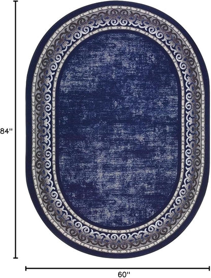 Antep Rugs Alfombras Bordered Modern 5x7 Non-Slip (Non-Skid) Low Pile Rubber Backing Indoor Area Rug (Navy, 5' x 7' Oval)