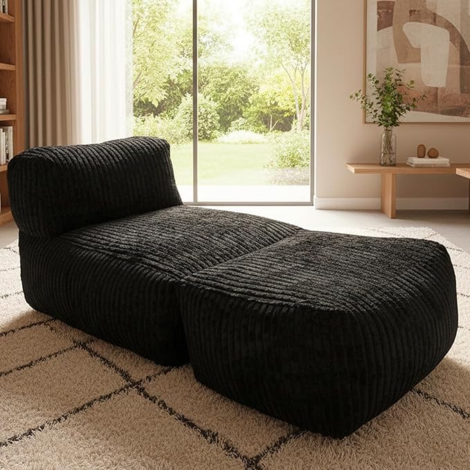 Large Memory Foam Bean Bag Chair for Adults – Big Lounger Sofa Seat for Living Room, Bedroom, or Balcony (Black)