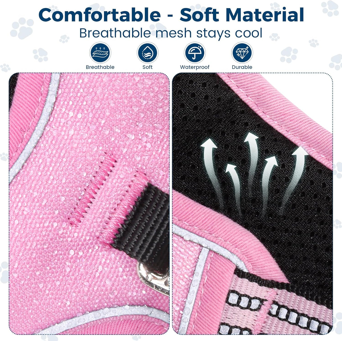 Funfox Dog Harness No Pull, Adjustable Pet Vest Harness, Super Soft Material with Vertical Handle Easy Control, Reflective Night Walking, 2 Leash Clips for Large Dogs, Pink, L
