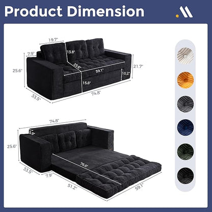 MAXYOYO Convertible Sofa Bed, Pull Out 3 Seater Sleeper Sofa, 2 in 1 Folding Couch Bed, Fold Out Floor Couch with Pillows for Living Room Bedroom Lounge, Black