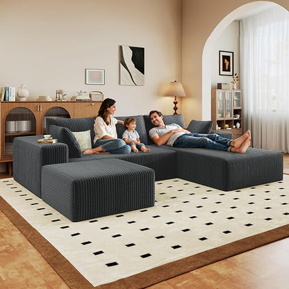 96" U-Shape Cloud Couch, Modern Modular Sectional L-Shape Sofa with Ottoman, Corduroy Upholstered Couches Deep Seat Chaise Longue for Living Room, No Assembly Required(Dark Gray, Right Facing)