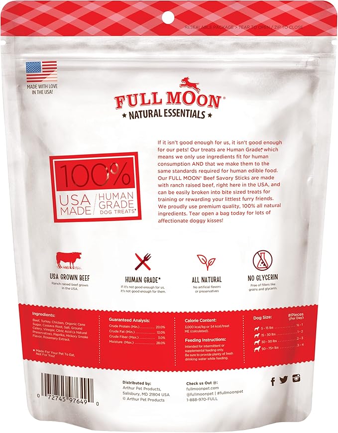Full Moon All Natural Human Grade Dog Treats, Essential Beef Savory Sticks, 22 Ounce, 1.375 Pound (Pack of 2)