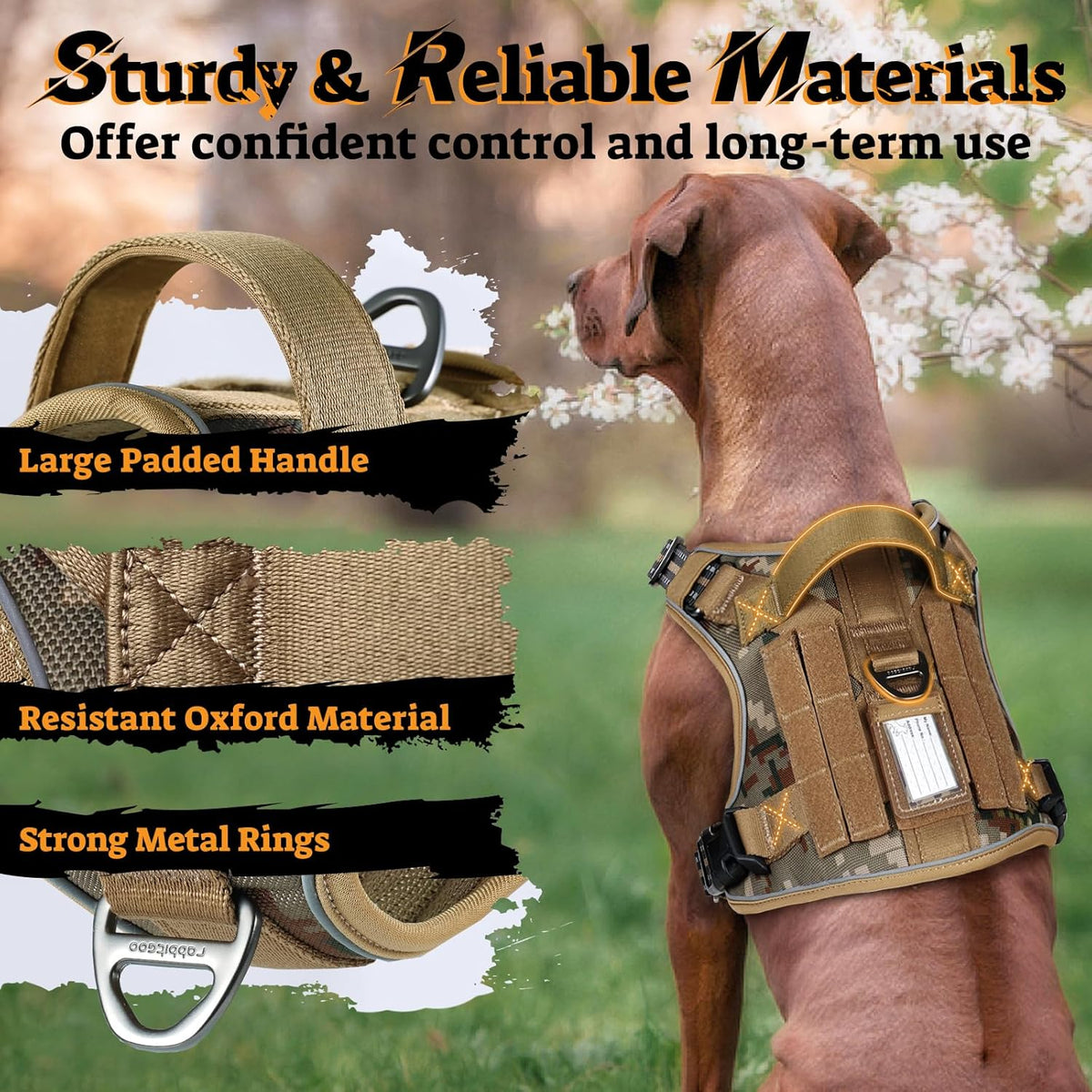 rabbitgoo Dog Harness for Large Dogs No Pull, Tactical Service Pet Vest with Molle and Control Handle, Adjustable and Reflective Military Harness for Easy Walking and Training, Desert camo, XL