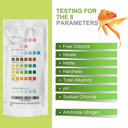 AAwipes Aquarium Ammonia Test Strips 8-in-1 |250 Strips Bag Packs| Quick & Accurate Water Testing Test pH, Carbonate, Alkalinity, Hardness, Chlorine, Nitrite, etc. (K02-250)