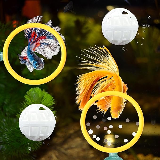 Betta Fish Enrichment Toys Ring and Filter Balls set, Fishes Ring Enrichment Toy and Tank Cleaner Ball, Aquarium Feeding Rings with Nitrifying Balls, Betta Fish Tank Accessories (Yellow, 6.4cm)