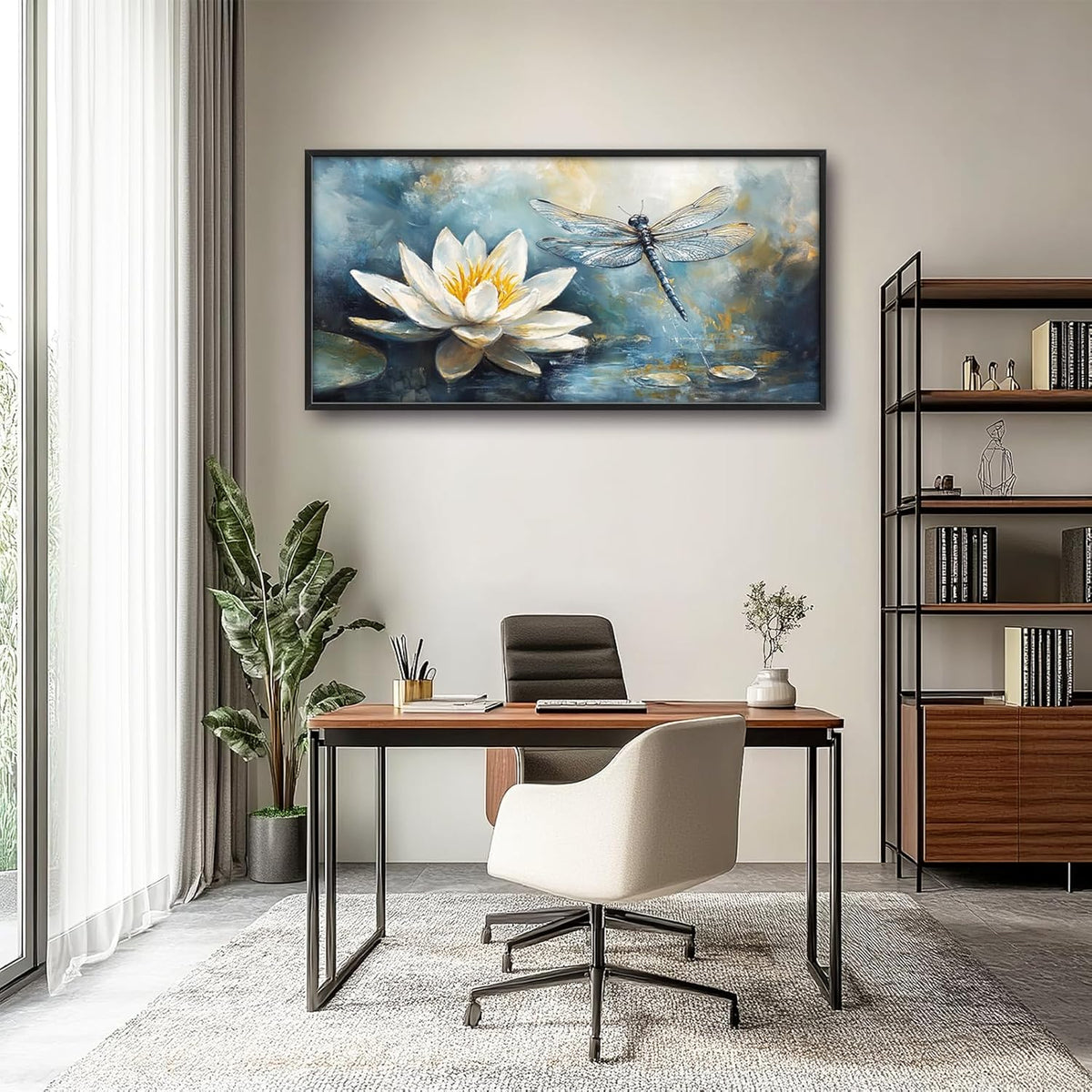 Extra Large Lotus Dragonfly Framed Wall Art for Living Room,Abstract Blue Lotus Flower Lake Pictures Wall Decor,Nature Canvas Print Painting Modern Artwork Bedroom Office Bathroom 60L" x 30W"