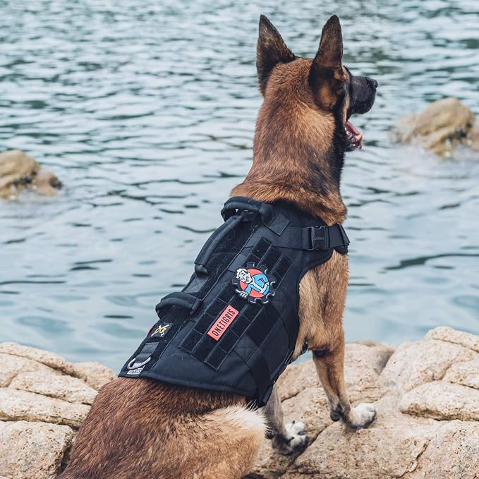 OneTigris Large Tactical Dog Harness, No Pulling Adjustable Dog Vest Harness, Heavy Duty Dog Harness with Handle, Large Hook and Loop Panels for Patch(Black,S)