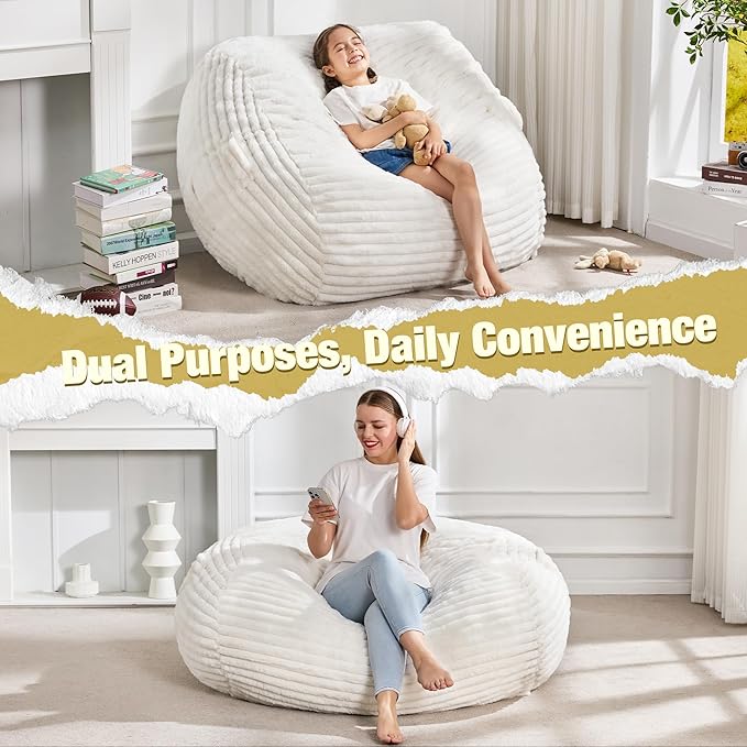 Hobestluk 3FT Bean Bag Chairs Adult Bean Bag with Portable Handle Comfy Large Bean Bag Chair with Removable Cover for Living Room Bedroom or Reading Nook (Stripe White, 3FT)