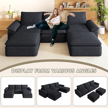 111" Cloud Sectional Couch with U-Shaped Chaise, Corduroy Sectional Sofa with Ottoman, Boneless Couch with Deep Seat in a Box for Living Room, No Assembly Required (Black)