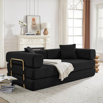 Convertible Couch Sofa Bed Foldable Floor Sleeper | Modern Fold Out Deep Seat Couch | Removable Backrest & Armrests | No Assembly Compression Sofa Sleeper for Living Room, Bedroom | Black Corduroy