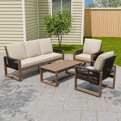 INTER HUT Rustic Hideaway Natural Cedar Wood Outdoor Furniture Set, Wicker Patio Conversation Set for Porch Garden Backyard, Couch, 2 Patio Chairs and Coffee Table, 4 Piece, Brownish/Beige
