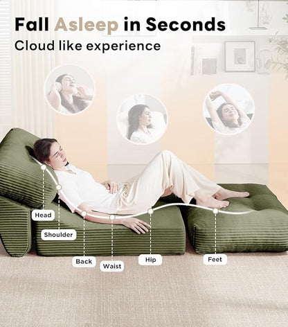 Tbfit 35.8'' Folding Sofa Bed, Convertible Sleeper Chair with Large Pillow, Corduroy Folding Couch Bed, Portable & Foldable Mattress Boneless Floor Sofa Set of 2, Green