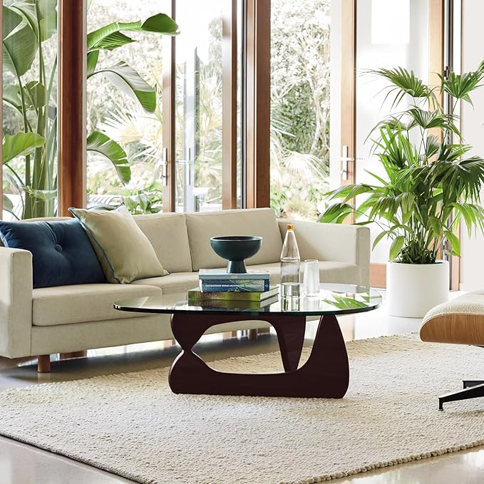 Triangle Glass Coffee Table with Solid Wood Base, 0.8'' Thick Clear Glass Top, 51'' Width Mid Century Modern Coffee Table for Living Room Bedroom Reception (Dark Walnut)