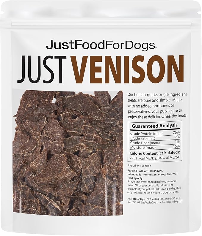 JustFoodForDogs Venison Dog Treats, Single-Ingredient Healthy Dog Treats, Made in The USA, 5 oz