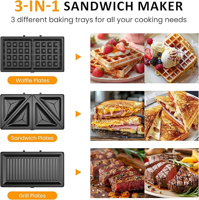 Sunvivi 3 in 1 Sandwich Maker, Electric Waffle Maker