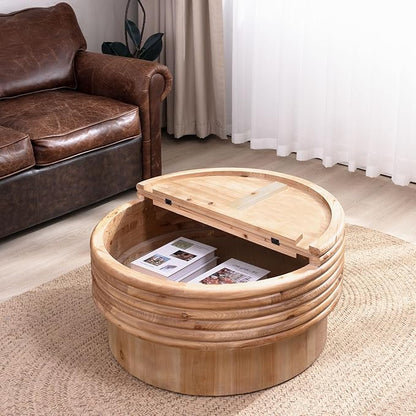 30.3" Round Wooden Coffee Table with Hidden Storage,Modern Rustic Centerpiece for Living Room,Natural Finish