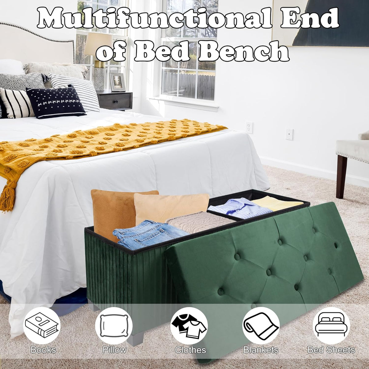 Storage Ottoman Bench, 43 Inch Foldable Ottoman with Legs, Velvet Foot Rest Stool, End of Bed Bench, Storage Chest for Living Room, Bedroom (Green)