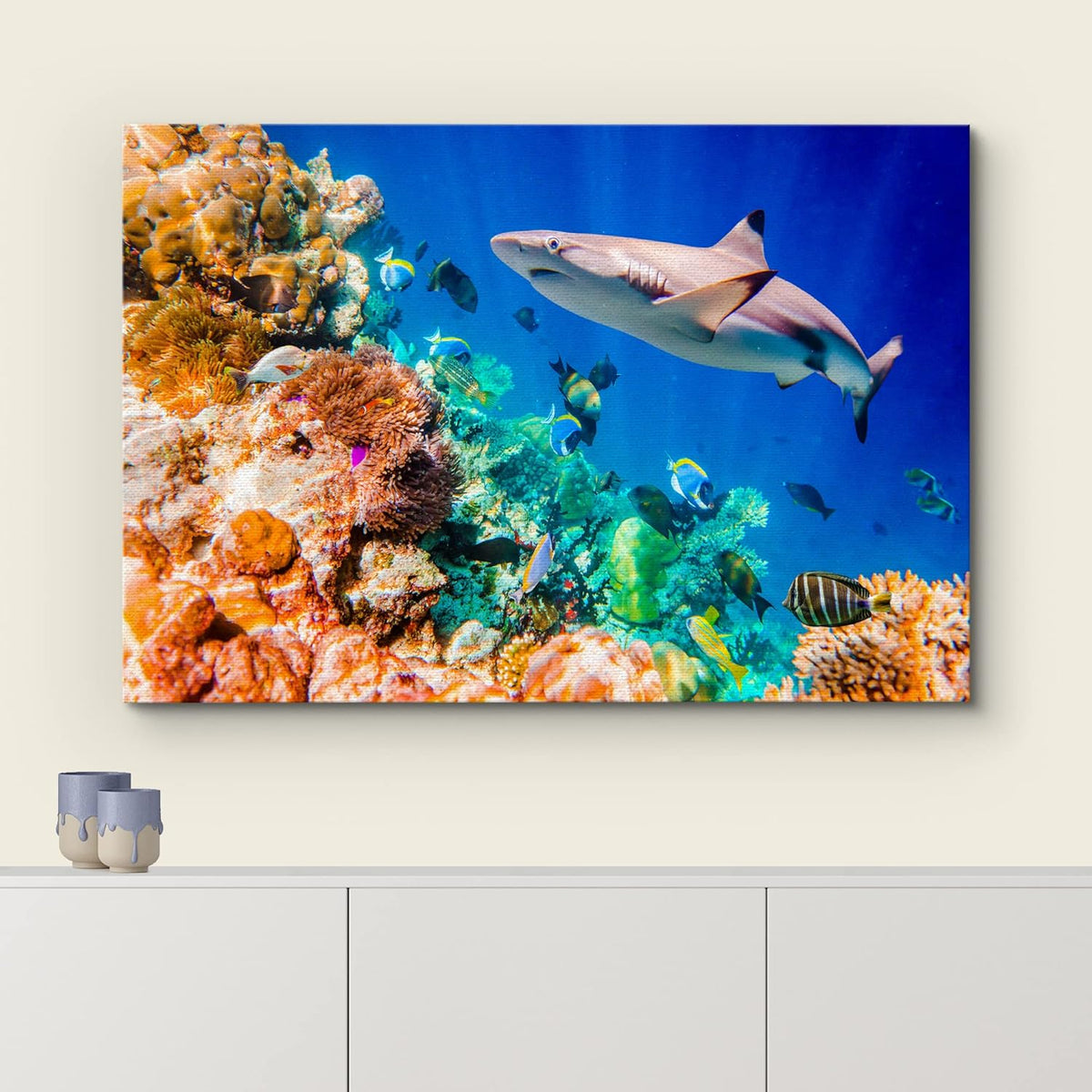 wall26 Canvas Print Wall Art Shark Fish Multicolor Coral Reef Ocean Sea Nature Animals Photography Realism Rustic Scenic Landscape Wilderness Earth for Living Room, Bedroom, Office - 24"x36"
