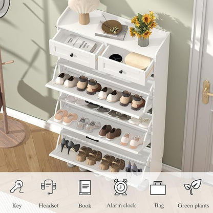 Shoe Cabinet with 3 Flip Drawers & 2 Storage Drawers, Rustic Farmhouse Narrow