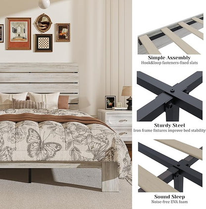 Queen Size Wooden Bed Frame with Headboard, Boho Platform Bedframe with Wood Slat Support, Sturdy and No Noise, Easy Assembly (Boho White, Queen)