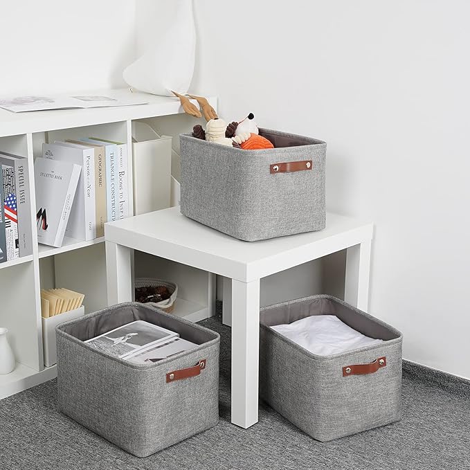 DULLEMELO Medium Storage Baskets for Organizing, Rectangular Fabric Storage Bins Collapsible, Perfect for Shelves, Closets, Nursery, Home, Office, Empty Gift Baskets (3-Pack,Grey)
