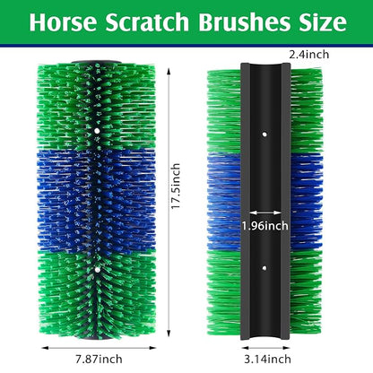 3 Pack Livestock Scratching Brush, Blue and Green | Animal Scratcher, Itch Relief Grooming, Horse Goat Cow Scratcher, Fence Post Mounting, Durable Bristles, Farm Livestock Care