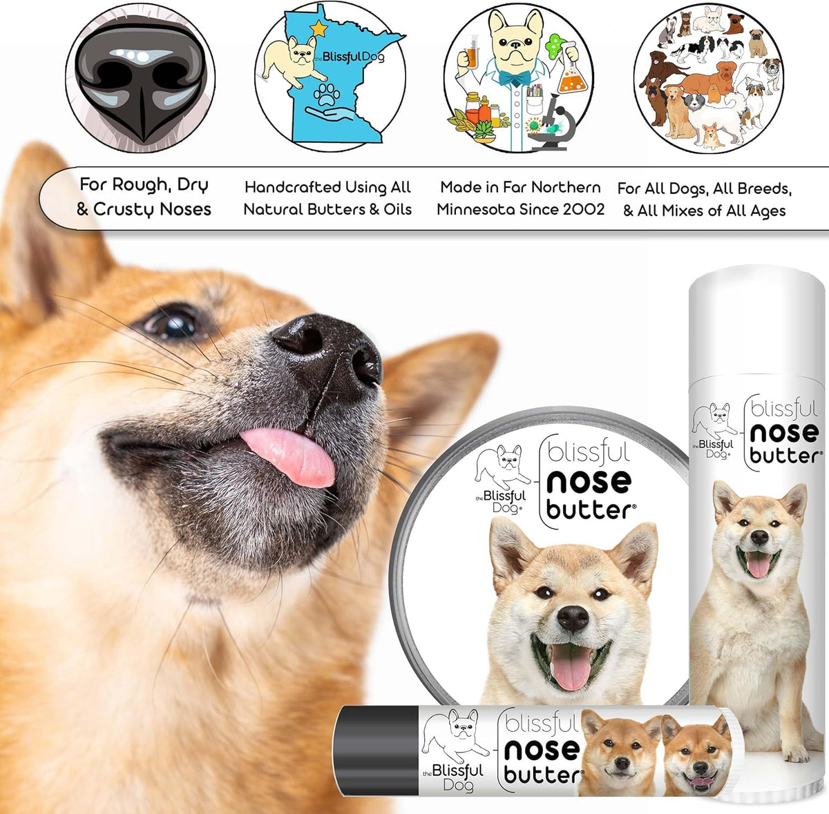The Blissful Dog Shiba Inu Nose Butter for Dry, Cracked Skin, Lick-Safe Dog Nose Balm with Moisturizing Shea Butter, Almond, Olive, and Essential Oils, Pet Supplies, Uncented, 4 oz.
