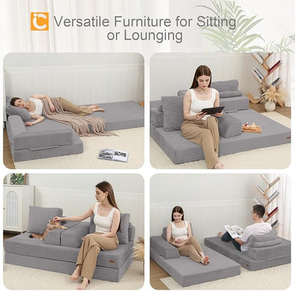 COMAX Convertible Sofa Bed, Folding Floor Couch Corduroy Fold Out Couch Bed Futon Sleeper Mattress with Pillows, Boneless Sofa Comfy Lounge Loveseat for Living Room Bedroom, Light Grey