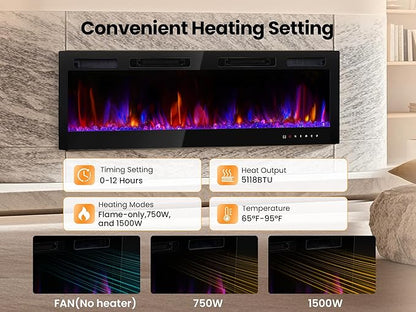 70" Electric Fireplace Realsmart Wall Mounted and Recessed 1500W Fireplaces