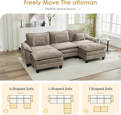 URRED Cloud Couch Modular Sectional Sofa, 122" Modern U Shaped Deep Seat Sofa with 2 Ottomans & Pillows, Ultra Comfy Chenille Couches for Living Room, Bedroom or Apartment, Khaki