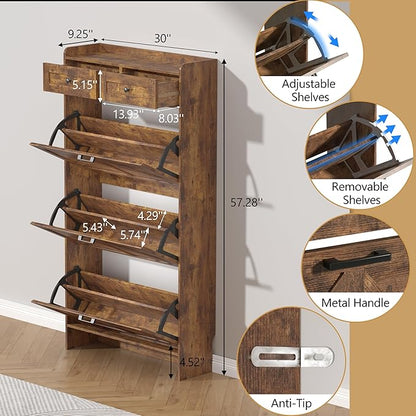 Shoe Cabinet with 3 Flip Drawers & 2 Storage Drawers, Rustic Farmhouse Narrow