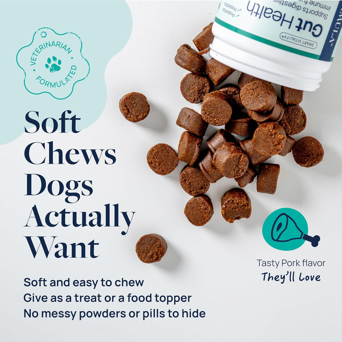 Veterinary Formula Gut Health Supplement for Dogs – Vet-Formulated Probiotic Chews with Digestive Enzymes & Fiber – Smart Vitality Supports Digestive Health, Gut Balance & Stool Quality, 60 Soft Chews