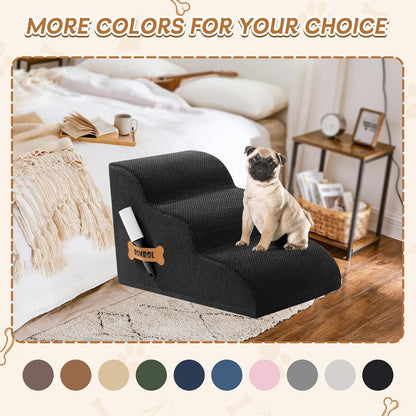 Romrol Dog Stairs Ramp for Beds Couches, Extra Wide Pet Steps with Durable Non-Slip Waterproof Fabric Cover, Dog Slope Stairs for Small Dogs and Cats or Pets Friendly, 3-Tiers, 13 Inch,Black
