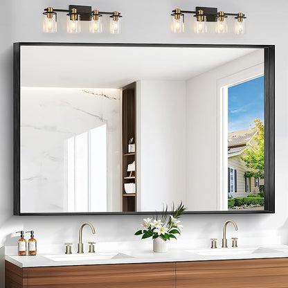 Black Bathroom Mirror, 42x42 Inch Rectangular Framed Mirror, Large Wall Mounted