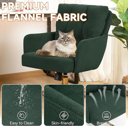 BALIAA Flannel Office Chair, Comfy Home Office Desk Chairs with Lumbar Support, Modern Velvet Desk Chair Gold Legs Small Swivel Task Chair for Home Office, Bedroom, Study (Green, L)