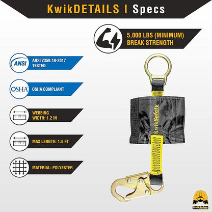 KwikSafety - Charlotte, NC - Dolphin Dorsal [1 Pack] 18" D-Ring Extender [Easy Hookup] ANSI Tested OSHA Compliant Harness Extension Lanyard Safety D Ring PPE Construction Roofing Fall Arrest Gear