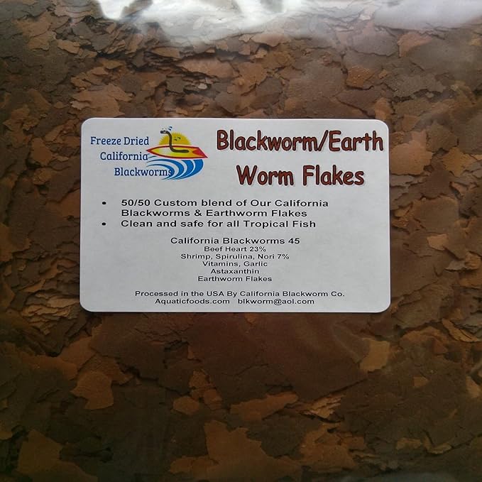 Aquatic Foods Inc. Flakes - 45% California Blackworm & Earthworm Flake Mix for Discus, Cichlids, Tetras, Guppies, Live Bearers, All Community Tropical Fish - Premium AF Flakes - 1/4-lbs
