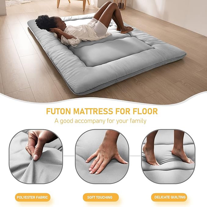 MAXYOYO Japanese Floor Mattress Futon Mattress, Thicken Daybed Sleeping Pad Foldable Roll Up Boys Girls Dormitory Kids Lounger Bed Couch and Sofa, Grey, Full