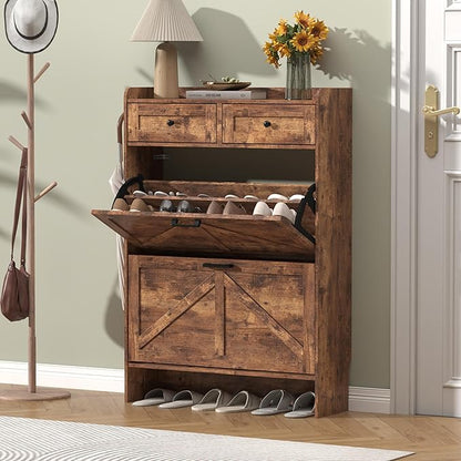 Shoe Cabinet with 2 Flip Drawers & 2 Storage Drawers, Rustic Farmhouse Narrow